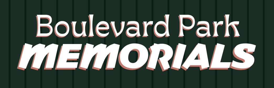 The wordmark logo for the fictional Boulevard Park Memorials, in white with a pale red drop color on a dark green pinstriped background.